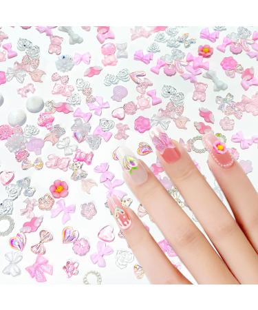 200PCS Pink Resin Nail Charms  Multi-Shapes 3D Bowknots Kawaii Flower Heart Bow Bear Nail Charms for Acrylic Nails Pink Clear Nail Decoration for DIY Nail Manicure Crafts Supplies(Nail Decor-C)