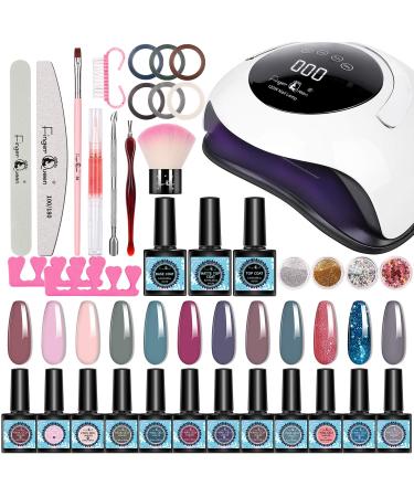 FINGER QUEEN Gel Nail Polish Kit with UV Light 120W LED Nail Lamp,12 Colors Nude Pink Glitter Gel Nail Polish,No Wipe Base Top Coat,Nail Art Decorations,All In One Gel Manicure kit