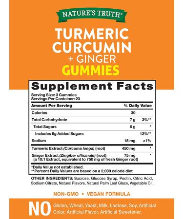 Nature's Truth Turmeric Curcumin + Ginger Gummies - 70 Vegan Peach Chews for Wellness - Buy Online on GoSupps.com