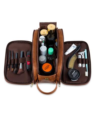 Elviros Men's Large PU Leather Toiletry Bag - Water-Resistant Travel Shaving Dopp Kit Organiser for Bathroom Toiletries - Brown Cosmetics Bag - Buy Online on GoSupps.com