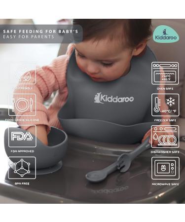 Kiddaroo Baby Weaning Set - Feeding Bib, Sippy Cup, Cutlery, Suction Plate & Bowl - Grey | Baby Led Weaning Essentials with eBook - Buy Online on GoSupps.com