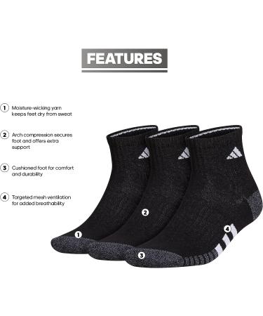 adidas Men's Cushioned 3.0 Quarter Socks - 3-Pack, Large, Black/Onix Grey/White - Buy Online on GoSupps.com