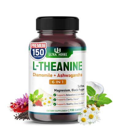 L-Theanine Supplement - 6 in 1 Complex Enriched with Magnesium, Ashwagandha, Saffron, Chamomile - Support Relaxation, Calmness & Sleep Quality | 150 Capsules 150-day supply (pack of 1)