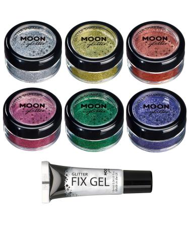 Fine Glitter Shakers by Moon Glitter 100% Cosmetic Glitter for Face Body Nails Hair and Lips - 0.17oz - Set of 6 colours