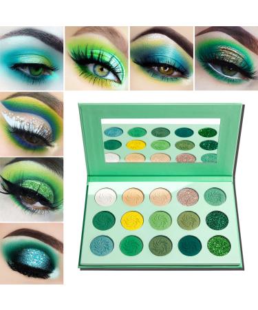 Green Eyeshadow Palette Green Glitter Eyeshadow Highly Pigmented, Afflano Forest Emerald Green Christmas Makeup Palettes,Yellow Lime Grass Grinch Green Makeup Eye Shadow Pallet Matte Shimmer 15 Color Eyeshadow Palette-Avocado Green