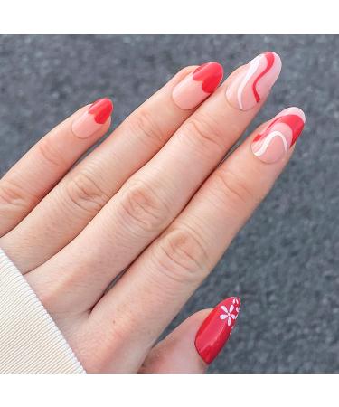 NOVO OVO Valentine's Day Short Medium Almond Oval Red Heart Pink Swirl White Flower Thick Fake False Press on Nails SWEETIE French Tip Acrylic Stick on Nail Kit with Glue for Spring Sweetie UK