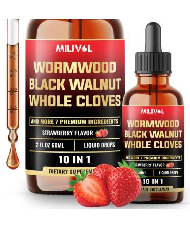 MILIVOL 10in1 Wormwood Liquid Drops with Wormwood, Black Walnut, Whole Cloves & 7 More - Support Digestive, Immune - 2 Fl Oz - 60 Days