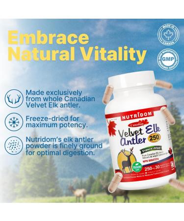 Nutridom Velvet Elk Antler 250mg 100% Canadian Freeze-Dried Non-GMO NO Additives Gluten Free Made in Canada (30 Veggie Capsules) - Buy Online on GoSupps.com