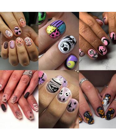 144 Pcs Halloween Press on Nails Kit Short Square Fake Nails 6 Styles Full Cover Little Ghost Skull Bats Pumpkin Halloween Nails Designs False Nails Glossy Artificial Nail Set for Women Manicure Decor