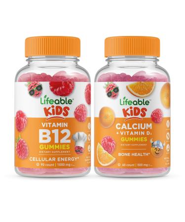 Lifeable Vitamin B12 Kids + Calcium with Vitamin D Kids Gummies Bundle - Great Tasting Vitamin Supplement Gluten Free GMO Free Chewable Gummy