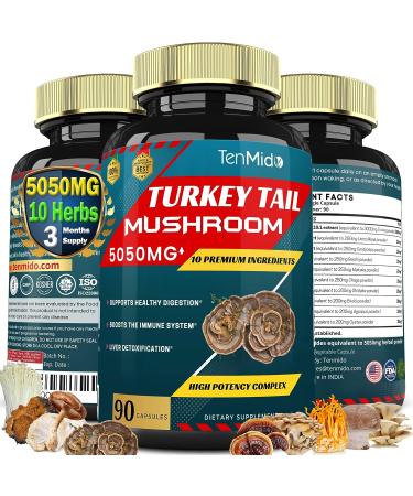 Tenmido 10-in-1 Turkey Tail Mushroom Extract 5050mg with Lions Mane, Cordyceps, Reishi & More - 3 Months Supply | Supports Digestive Function & Immune System - Buy Online on GoSupps.com