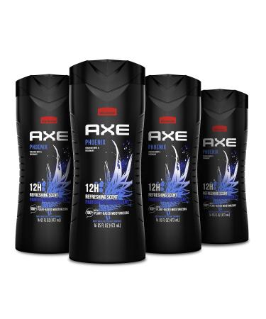 AXE Body Wash 12h Refreshing Scent Phoenix Crushed Mint & Rosemary Men's Body Wash with 100% Plant-Based Moisturizers, 16 Fl Oz (Pack of 4) Phoenix (Crushed Mint and Rosemary) 16 Fl Oz (Pack of 4)