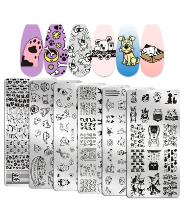 WOKOTO 6Pcs Pets Nail Stamping Plates For Nails Cat Dogs Puppy Nail Stamp Plates For Nail Art Image Plates Cute Cartoon Animals Nail Stamping Kit Nail Stencils For Nails Design Plates Nail Tools KIT1