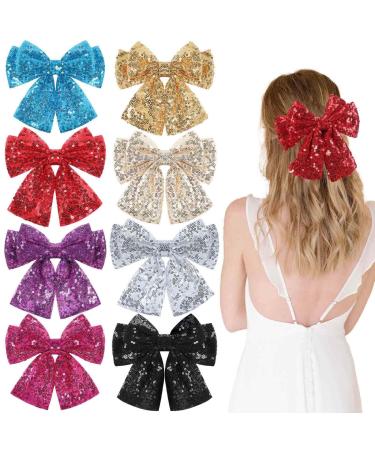 8Pcs Big Sequin Layered Hair Bows for Women Girls 7 Inch Barrette Hair Clip Black Red Glitter Bows Style Hair Accessories (Sequin bows)