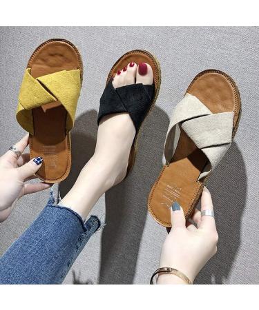 Creev Women's Summer Sandals | Suede Flat Slippers | Open Toe Flip-Flops | Stylish Outdoor Footwear | Yellow & Beige (EU Sizes 35-40) - Buy Online on GoSupps.com