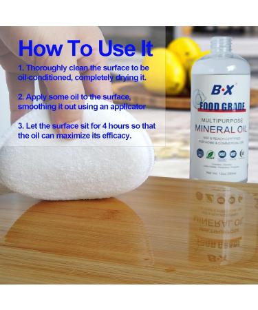 Food Grade Mineral Oil 12oz for Wood Cutting Boards - Includes Applicator & Buffing Pad - Clean & Protect Your Kitchen Essentials - Buy Online on GoSupps.com
