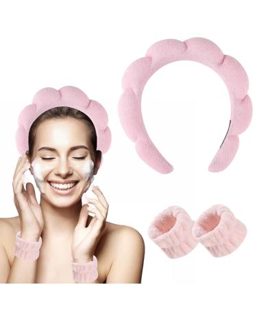3 Pcs Spa Headband Puffy headband Makeup Headbands for Women's Hair Skincare Head Band for Washing Face with Wristband Scrunchies Skincare Face Washing Shower Set (Pink)