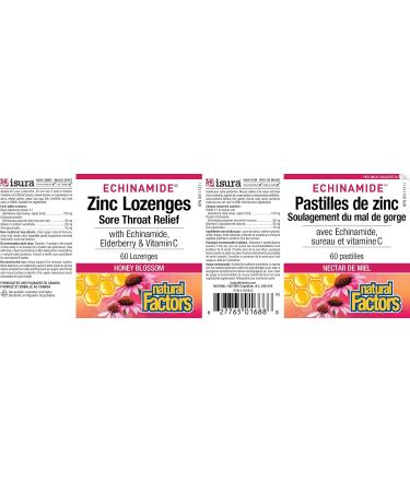 Natural Factors Zinc Lozenges Honey Blossom Flavour 60 lozenges with Echinamide Elderberry & Vitamin C Sore Throat Relief Helps Maintain Immune Function - Buy Online on GoSupps.com