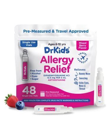 Dr. Kids Children's Allergy Relief Medicine with Diphenhydramine HCl 12.5 mg - Pre-Measured Single-Use Vials Kids Antihistamine for Sneezing Runny Nose & Itchy Eyes Mixed Berry Flavor 48 Count