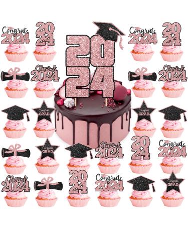 GPWXYYY 25Pcs Pink Rose Gold Graduation Cake Topper 2024 and Cupcake Toppers Set Glitter Graduation Party Decorations for Graduation Cake Decorations Class of 2024