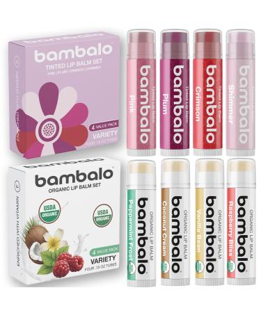 Bambalo 8-Pack Lip Balm Set with Tinted Shades and USDA Organic Flavors for Hydration Includes Crimson Pink Plum Shimmer Peppermint Raspberry Vanilla and Coconut Moisturizing & Nourishing