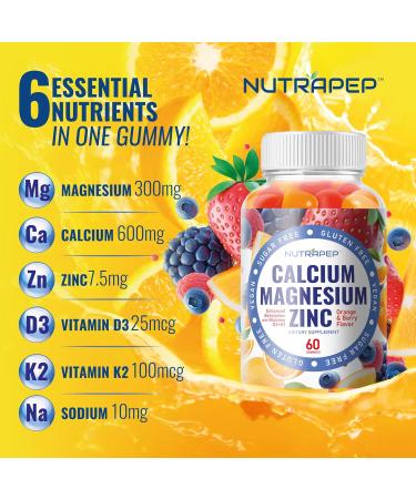 NutraPep Calcium Magnesium Zinc Supplement Gummies - with Vitamin D3 K2 Magnesium Glycinate - Orange Berry Flavored Vegan Sugar-Free Gluten Free Chewable for Men Women Kids - Buy Online on GoSupps.com