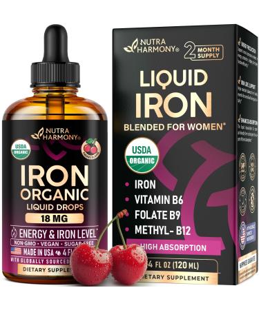 Liquid Iron Supplement for Women 18 mg - USDA Organic Drops USA-Made - with Folate Vitamin B12 & B6 - Iron Level & Energy - Gentle & High Absorption Glycinate Form - Cherry Flavor Sugar-Free 4 oz 4 Fl Oz (Pack of 1)