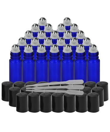 Belle vous cobalt blue roll on glass bottles for essential oil with droppers (24 package) - 10 ml of glass bottles for filling set with stainless steel roller balls for aromatherapy oils & deor roller for filling