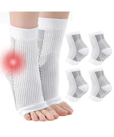 4 Pairs Plantar Fasciitis Socks Neuropathy Socks Compression Socks Neuro Socks for Women Men Ankle Support for Sprained Ankle for Sport Arthritis Pain Relief S-M White
