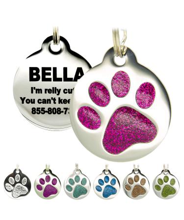 Engraved Cat Tags - Personalized with 4 Lines of Custom Engraved ID, Round Paw Print Stainless Steel Enameled in 6 Colors: Ocean Blue, Aquamarine, Deep Pink, Magenta, Pale Green, Amber Without Tag Silencer Deep Pink