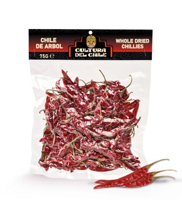 Arbol Whole Dried Chillies 75g - All Natural High Heat Sharp Smoky Flavour for Authentic Mexican Taste. Great for Birria Tacos Soups Salsa and Enchiladas. Use in Mexican Chinese and Thai Dishes