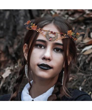 MOSTORY Handmade Moon Flower Crown Headpiece Burgundy Floral Elf Circlet Woodland Forest Headband for Witch Devil Queen Carnival Renaissance Fest Halloween Cosplay Prom Wedding Red - Buy Online on GoSupps.com
