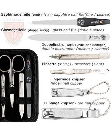 Three Swords Manicure Set 'Roma' - 8 Pcs High-Quality Nail Care in Ostrich Leather Etui | Nail Scissors Clippers Tweezers & Glass Files - Buy Online on GoSupps.com