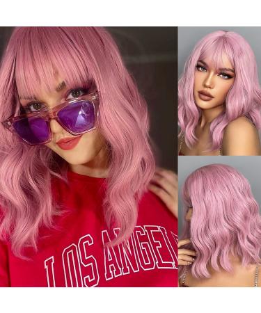 Kellynee Pink Bob Wig with Bangs - Shoulder Length Pink Wigs for Women Short Curly Synthetic Heat Resistant Hair Natural Looking Best Cute Wigs for Daily/Halloween/Party/Cosplay - Buy Online on GoSupps.com