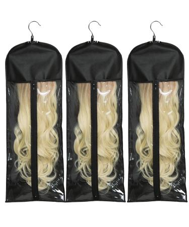 3 Pack Extra Long Wig Storage Bag with Hanger Hair Extension Holder Hairpieces Storage Bag Wigs Carrier Case for Store Style Human Synthetic Hair Black Color Black color-31.5 in