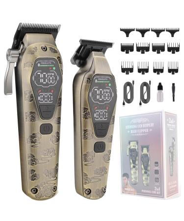 Professional Hair Clippers for Men Hair Trimmer for Men Beard Trimmer Clippers and Trimmer Set Cordless T-Blade Trimmer Clippers for Hair Cutting Kit LCD Display Gifts for Men Bronze