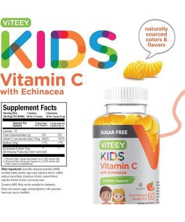Kids Sugar Free Vitamin C Gummies with Echinacea - 75mg Immune Support Booster - Vegan & Gluten Free - 60 Count - Buy Online on GoSupps.com