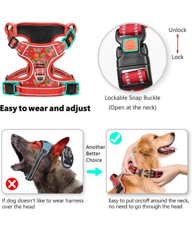 Heele Dog Harness - Adjustable Reflective Floral Red Running Harness for Dogs | Anti-Train Lockable Snap Lock Neck Open M Chest 38-71cm - Buy Online on GoSupps.com