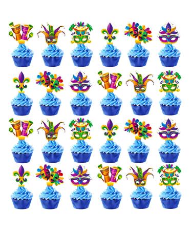 24Pcs Mardi Gras Cupcake Toppers Masquerade Party Decorations for Mardi Gras