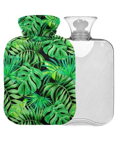 NAANLE hot water bottle with cover tropical leaves watercolor transparent hot water bottle 2 l large warm-up bag for menstrual cramps pain relief hand foot heat and cold therapy