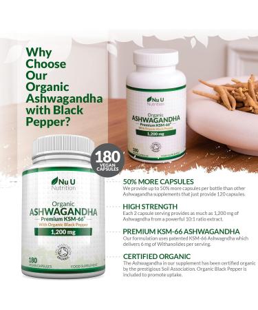 Organic Ashwagandha KSM-66 1200mg - 5% Withanolides - 180 Vegan Capsules not Tablets - High Strength Ashwaganda Enhanced with Black Pepper - Soil Association Certified - Nu U Nutrition - Buy Online on GoSupps.com