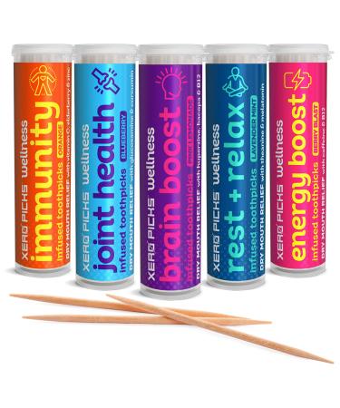 Xero Picks Wellness - Infused Flavored Toothpicks for Long Lasting Fresh Breath & Dry Mouth Prevention - 100 Picks - Variety 5 Pack Variety Pack 20 Count (Pack of 5)
