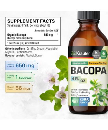 BIO KRAUTER Bacopa Monnieri - Liquid Drops Bacopa Extract (Brahmi Powder) 650 mg per Serving 4 Fl.Oz 56-Day Supply - Pure Vegan Brain Supplement Supports Calm Focus & Memory - Alcohol & Sugar Free 4 Fl Oz (Pack of 1) - Buy Online on GoSupps.com