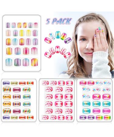 112 Pcs Fake Nails for Kids Stick on Nails for Little Girls Toddler Children Pre-glue Press on Nails Kit for Girls Ages 7-12 Glue on Nails for Child Holiday Party Gift B.Rainbow