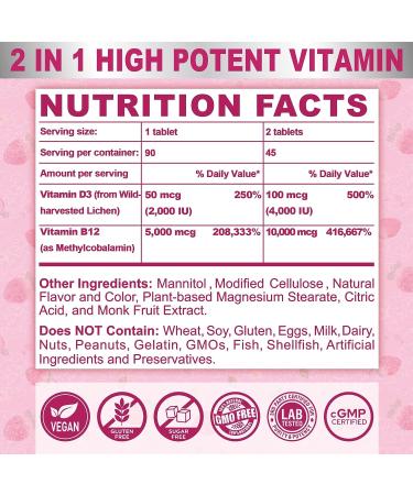 Vegan Strawberry Flavor Sugar-Free Vitamin B12 Methylcobalamin 5000 mcg + D3 2000 IU Sublingual Tablets - Energy Boost & Heart Health Support - 180 Tablets - Buy Online on GoSupps.com