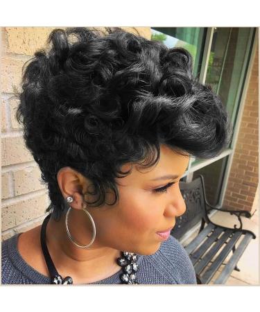 Short Hair Wigs Short Curly Pixie Wigs Pixie Cut Wigs For Black Women Fluffy Natural Wavy Synthetic Hair Wig With Bangs Black Color Black Color(1B)