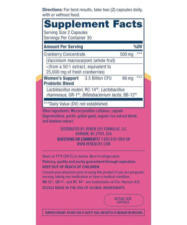 Renew Life Women's Wellness Vaginal and Urinary Probiotic and Cranberry Supplement Probiotic Supplement for pH Balance for Women Digestive Health Dairy Soy and Gluten-Free 3.5 Billion CFU 60 Ct - Buy Online on GoSupps.com