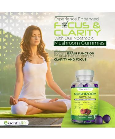 Essentialife Lions Mane Mushroom Supplements | 5-in-1 Mushroom Gummies with Turkey Tail Cordyceps Reishi Chaga Extract | Brain Focus and Immune Support | Raspberry Flavor | 60 ct - Buy Online on GoSupps.com