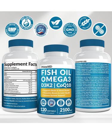 4-in-1 Fish Oil Omega 3 Fatty Supplements (2100mg) - Omega 3 Fish Oil with Vitamins D3 K2 and CoQ10 - Lemon Flavored (120 softgels) 120 Count (Pack of 1) - Buy Online on GoSupps.com