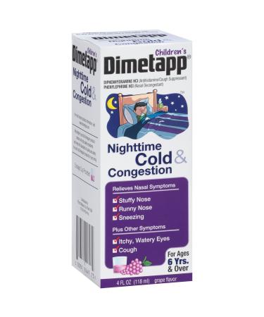 Children's Dimetapp Nighttime Cold & Congestion -Stuffy Nose Runny Nose Sneezing Itchy & Watery Eyes Cough -Antihistamine -Alcohol-Free -Grape Flavor -4oz